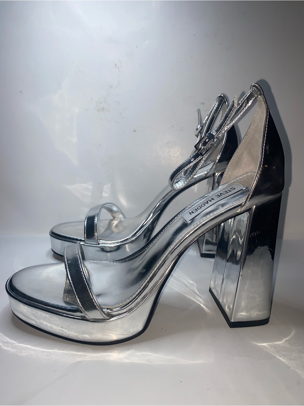 Steve Madden Reflective Silver Block Heel Sandals